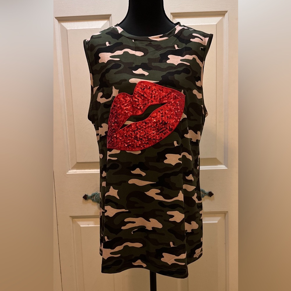 Camo Tank Top with Red Sequined Lips Design